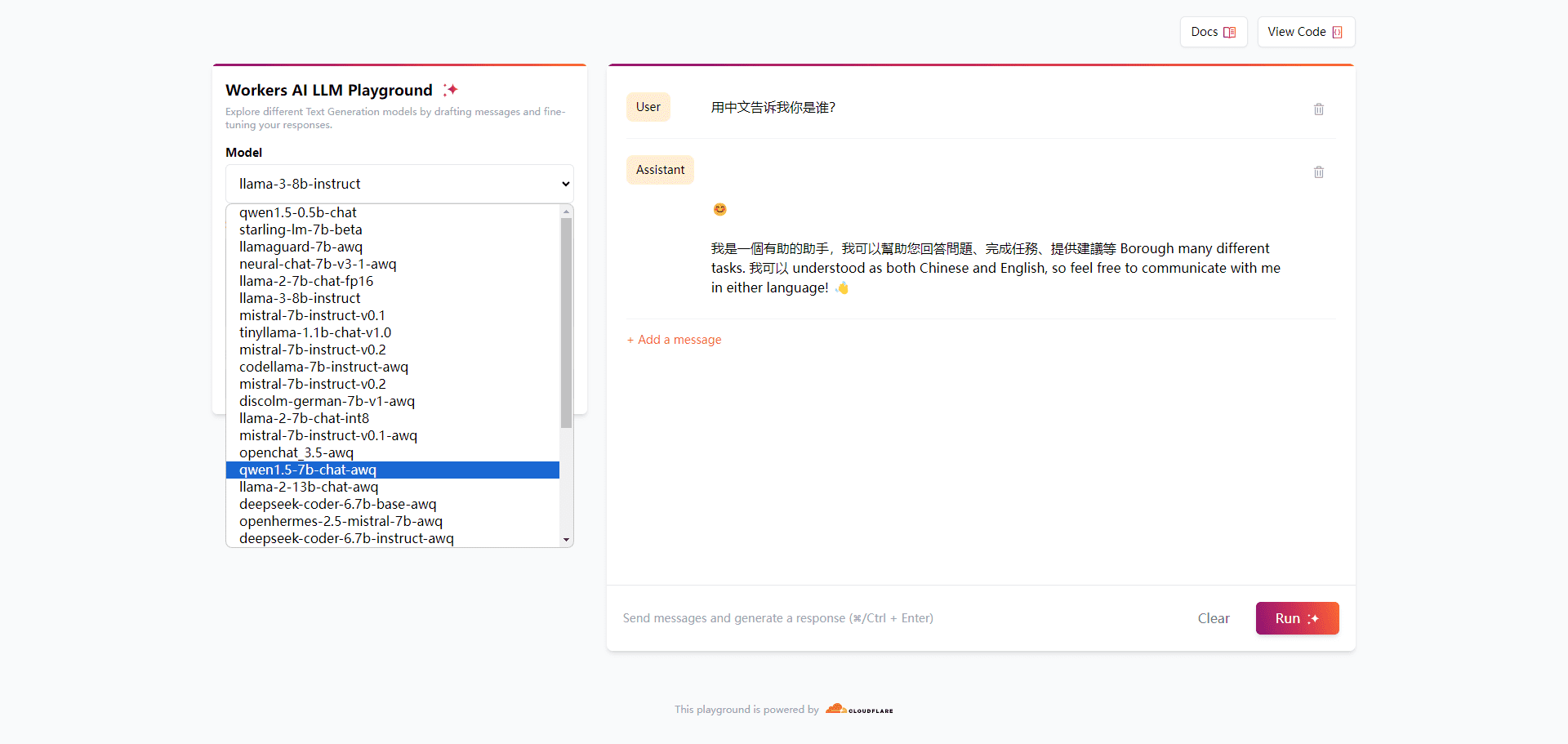 Workers AI LLM Playground：云服务商提供的开源AI文本生成模型试用平台