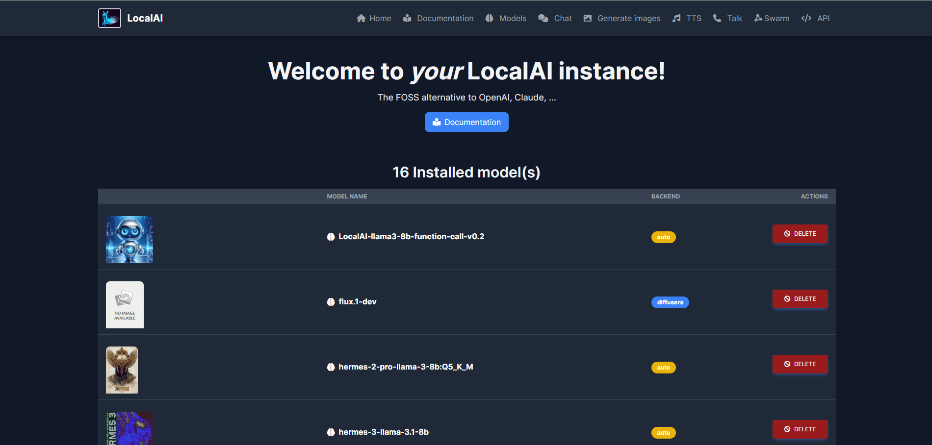 LocalAI：开源的本地AI部署方案，支持多种模型架构，WebUI统一管理模型和API