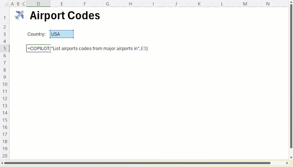 A moving image of the COPILOT function in Microsoft Excel pulling airport codes from major airports in the USA into a column.