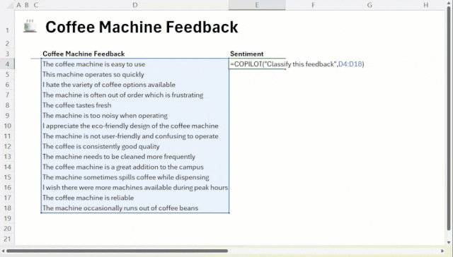 A moving image of a Microsoft Excel spreadsheet compiling and categorizing feedback on a coffee machine by positive or negative sentiment.